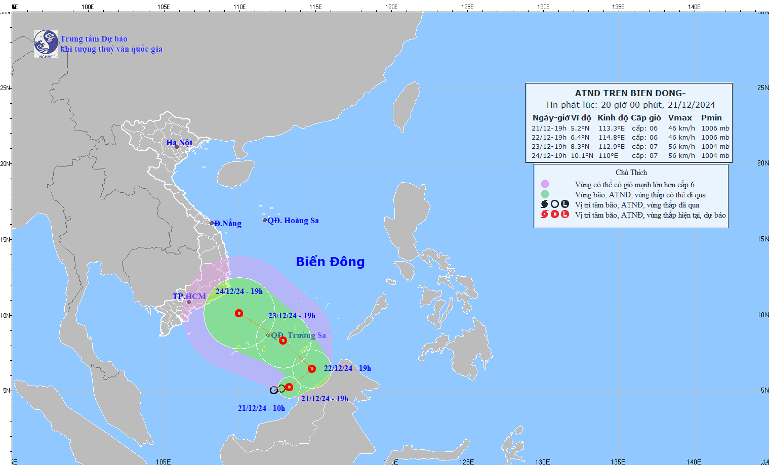 Vị trí và hướng di chuyển của áp thấp nhiệt đới. (Nguồn: nchmf.gov.vn)
