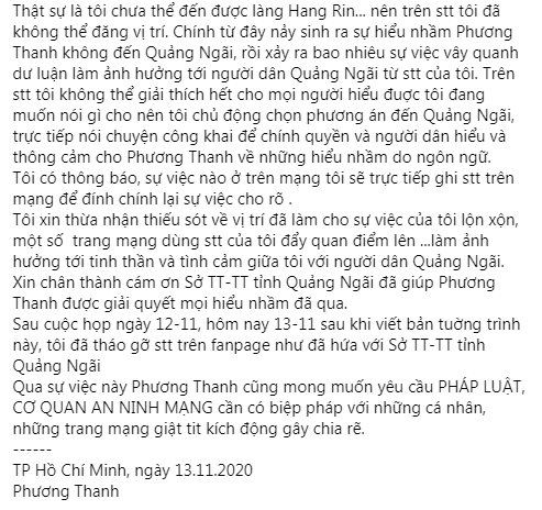 Nội dung bài viết mới nhất của ca sĩ Phương Thanh trên Facebook cá nhân vào chiều 13.11
