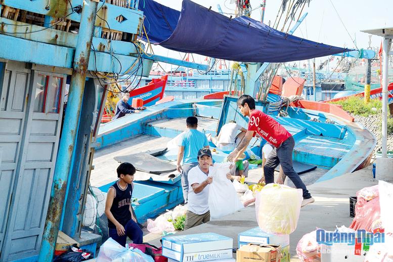 Ngư dân Quảng Ngãi chuẩn bị nhu yếu phẩm để vươn khơi đầu năm. 