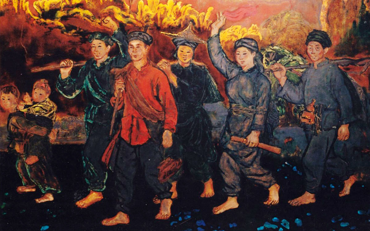  Du kịch Bắc Sơn về bản Pình, tranh sơn mài của họa sĩ Nguyễn Văn Tỵ.