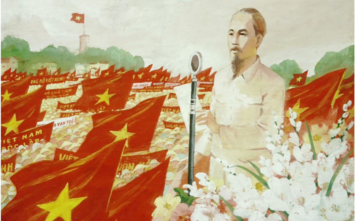 Tác phẩm "Bác Hồ đọc tuyên ngôn", bột màu của tác giả Nguyễn Dương. (Ảnh: Bảo tàng cung cấp)