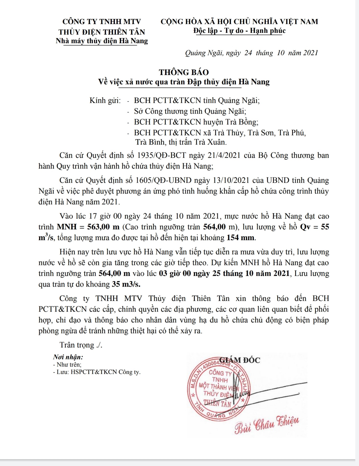 Thông báo xả tràn qua Đập thủy điện Hà Nang