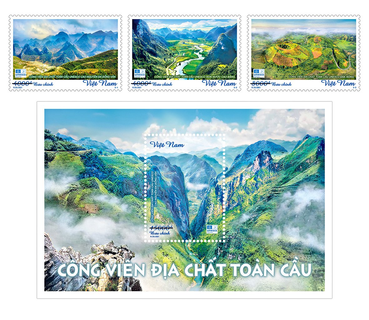 Bộ tem "Công viên địa chất toàn cầu" gồm 3 mẫu tem và 1 blốc