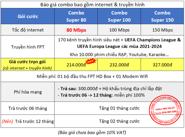 Bảng giá combo internet + truyền hình FPT Telecom Quảng Ngãi
