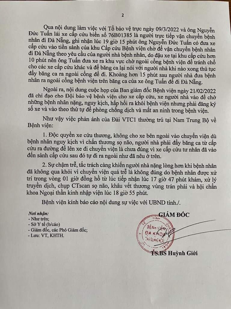 Ảnh chụp văn bản báo cáo của Bệnh viện Đa khoa tỉnh gửi UBND tỉnh về vụ việc gây cản trở bệnh nhân chuyển viện.