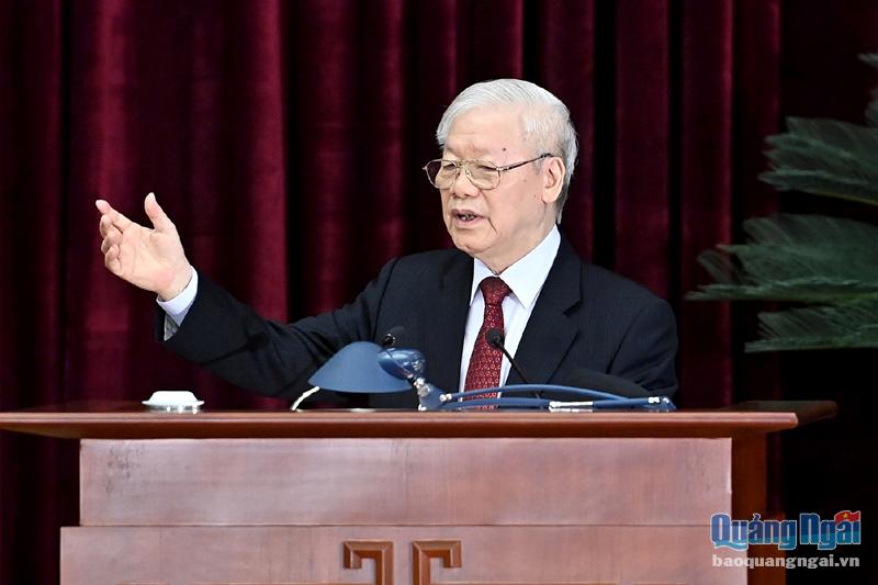 Tổng Bí thư Nguyễn Phú Trọng phát biểu bế mạc hội nghị. Ảnh: ĐĂNG KHOA