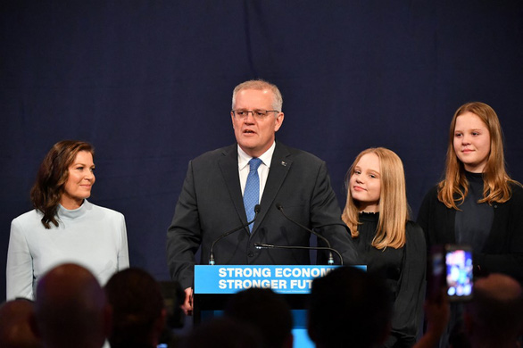 Thủ tướng Úc Scott Morrison thừa nhận thất bại trong cuộc bầu cử của nước này khi ông phát biểu ở Sydney, Úc vào ngày 21-5 - Ảnh: AFP