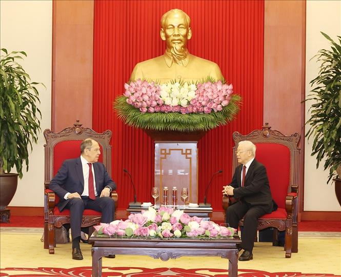 Tổng Bí thư Nguyễn Phú Trọng khẳng định Việt Nam luôn trân trọng và ghi nhớ sự giúp đỡ của bạn bè quốc tế, trong đó có sự giúp đỡ to lớn, hiệu quả của Liên Xô, Liên bang Nga trong các cuộc kháng chiến và phát triển đất nước qua các thời kỳ - Ảnh: TTXVN