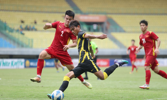 U19 Việt Nam (áo đỏ) gặp nhiều khó khăn trước U19 Malaysia - Ảnh: FAM
