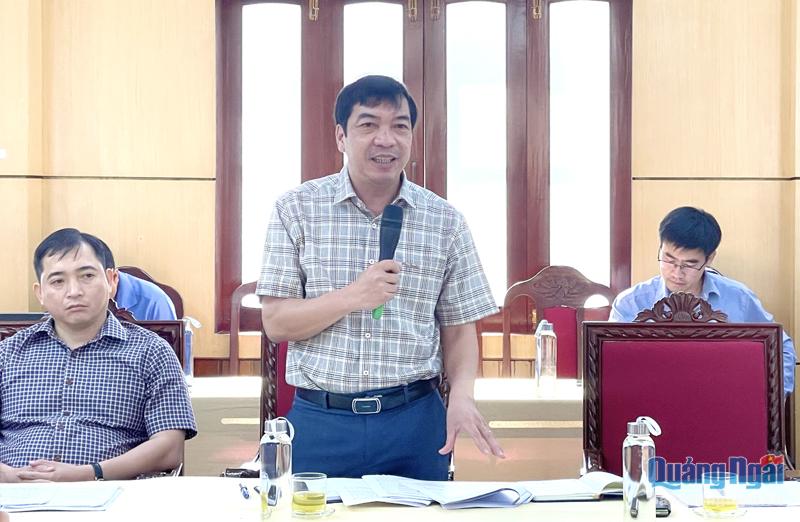 Chủ tịch UBND huyện Nghĩa Hành Đinh Xuân Sâm báo cáo tại cuộc họp về tình hình thực hiện nhiệm vụ của dự án trên địa bàn huyện.