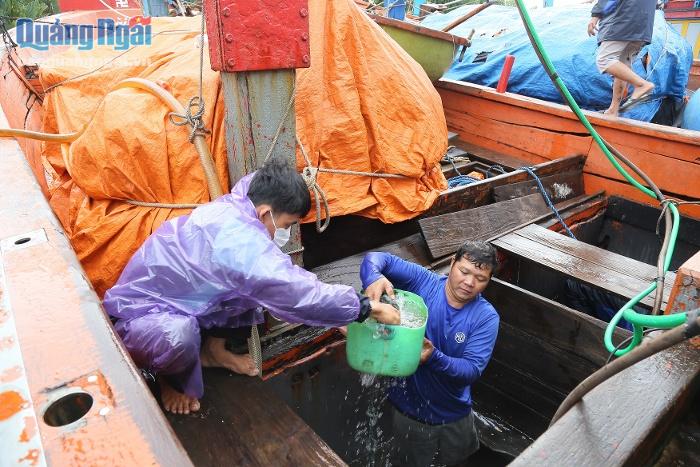 Hỗ trợ ngư dân múc nước từ các khoang máy của tàu thuyền bị chìm. 