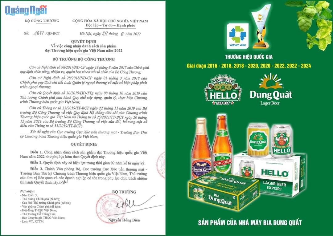 Bia Dung Quất/Hello Beer được công nhận là Thương hiệu Quốc gia