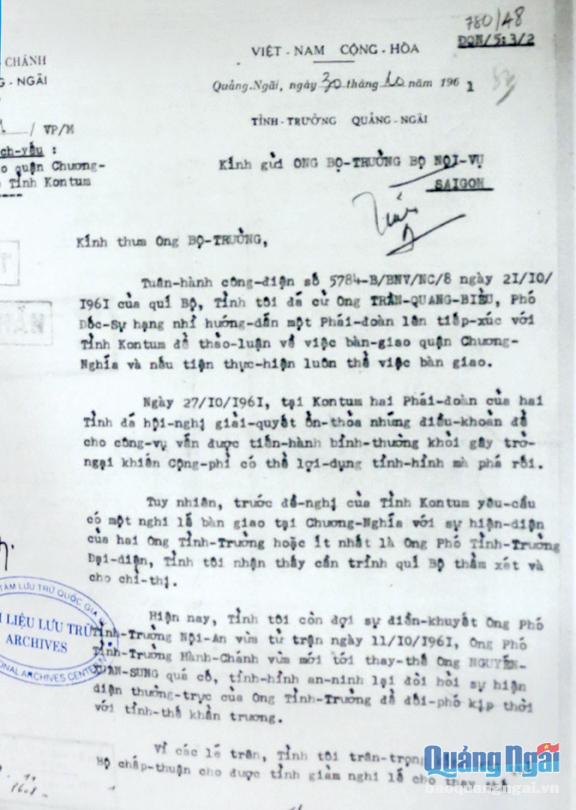 Văn bản số 4.201 ngày 30/10/1961 của tỉnh trưởng Quảng Ngãi, hiện còn lưu tại Trung tâm Lưu trữ Quốc gia IV, TP.Đà Lạt (Lâm Đồng).