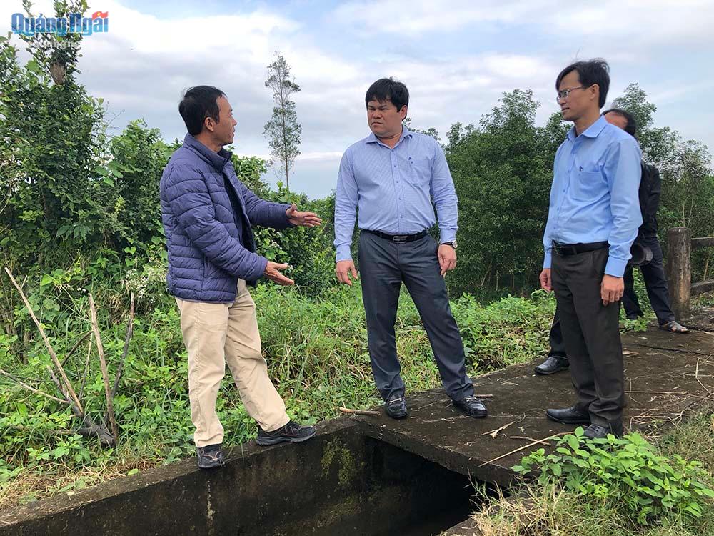 Phó Chủ tịch UBND tỉnh Trần Phước Hiền kiểm tra thực tế hiện trạng tuyến kênh B1, đoạn qua xã Bình Mỹ (Bình Sơn).