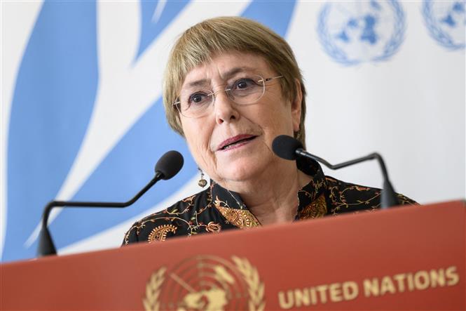 Bà Michelle Bachelet phát biểu tại Geneva, Thụy Sĩ, ngày 13/6/2022 - Ảnh: AFP/TTXVN